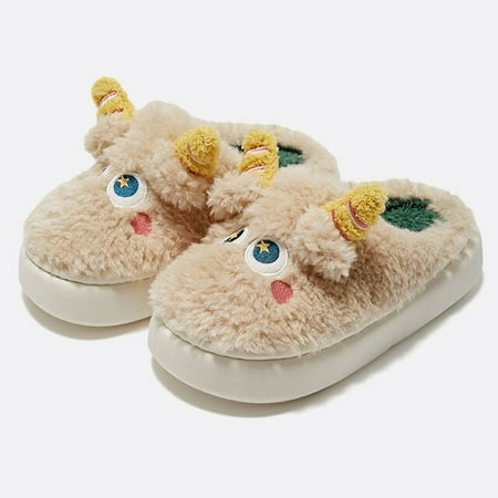 

PIKADINGNIS Cute Little Monster Women Home Fur Slippers Warm Plush Couples Cotton Shoes Non-Slip Indoor Thick Sole Fluffy Slides