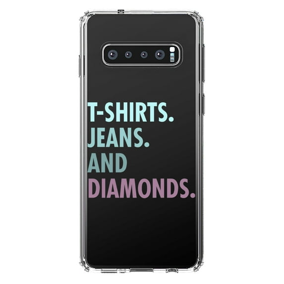 DistinctInk Clear Shockproof Hybrid Case for Samsung Galaxy S10+ PLUS (6.4" Screen) - TPU Bumper Acrylic Back Tempered Glass Screen Protector - T-Shirts Jeans and Diamonds