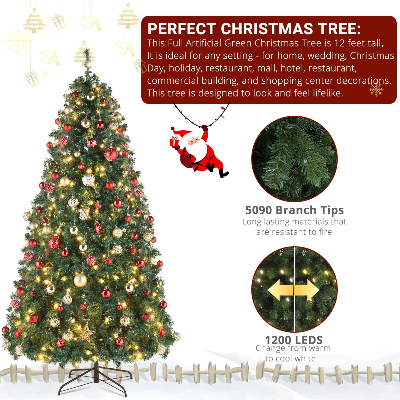 Astoutdoor 10 ft Christmas Tree with 1200 Warm Lights, 5090 Branches, Green PVC, Remote Control, 10 Modes