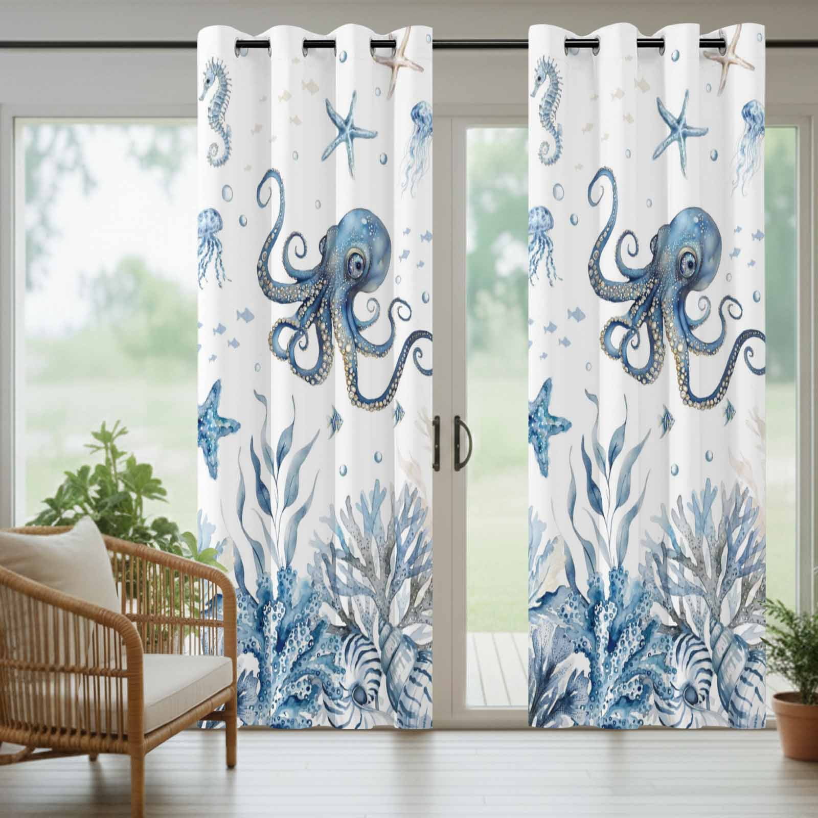 Marine Life Outdoor Curtains for Patio, Ocean Octopus Coral Sea Star Seashell Jellyfish Coastal Sunshade Privacy Drapes Grommet Waterproof Outside Curtains for Porch/Cabana/Balcony 54"x 108", 1 Panel