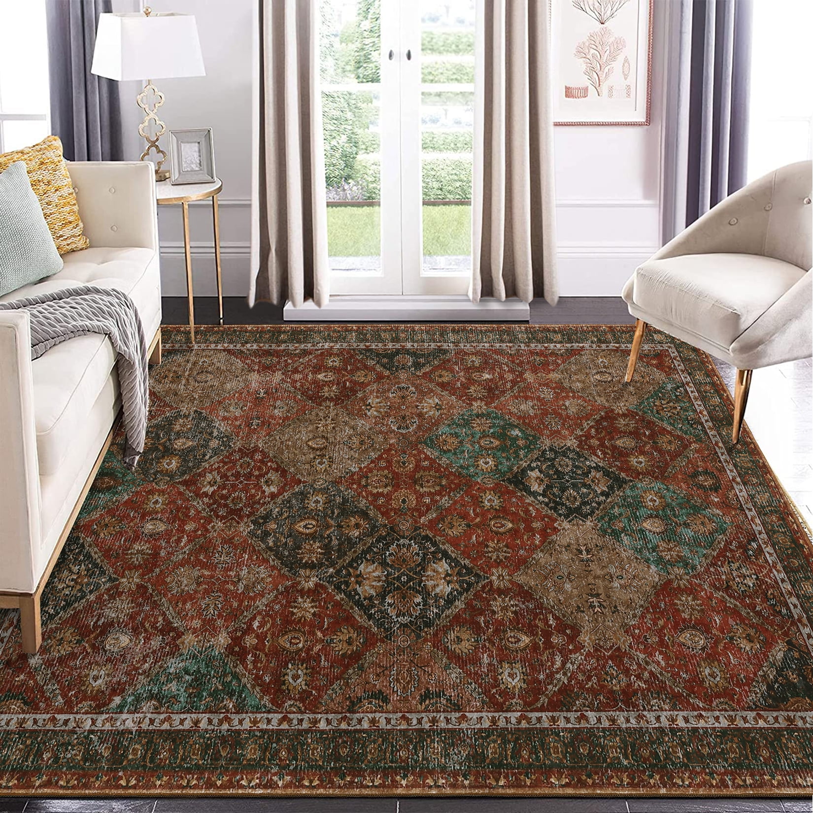 Garvee 5'x7' Area Rug, Washable Persian Rug Vintage Boho Carpet Non Slip Soft Print Rug for Bedroom Dining Room Living Room, Red