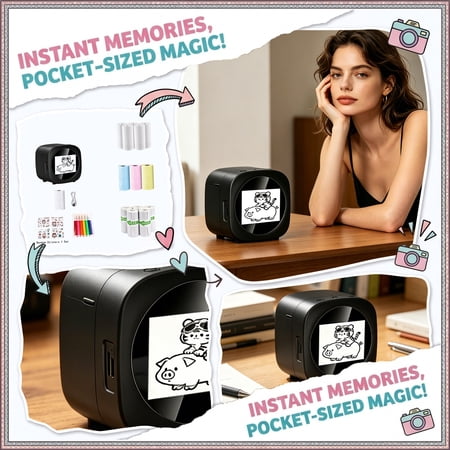 3.5In Mini Thermal Printer Wireless Bluetooth Sticker Maker, Portable Pocket Photo Printer with Color Markers & Paper Rolls, Inkless Label Printer for Learning, DIY Crafting, Journaling & Gifts,Black