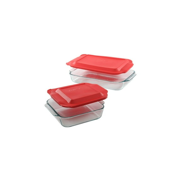 4pc Bakeware Value Set Red: Glass Baking Dishes, Microwave & Dishwasher Safe, 3qt & 8" Square with Covers