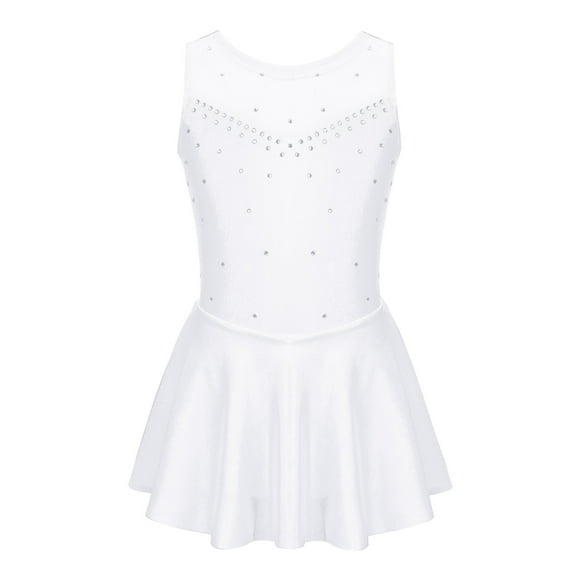 Fldy Kids Girls Rhinestone Mesh Splice Ballet Leotard Skirt Lyrical Dance Ice Skating Dress White 14