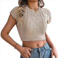 thumbnail image 3 of Camiseta Corta de Punto para Mujer, Corta, Cuello Redondo, Corte Ajustado, Color Liso, Elástica, para Verano. Caqui S, 3 of 10