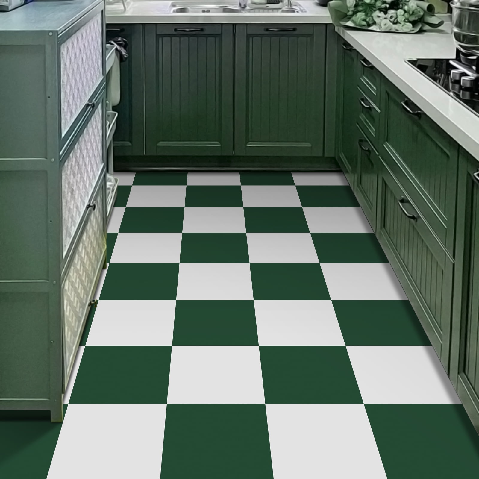 Abyssaly 12" x 12" (20Pcs) Peel and Stick Floor Tile Vinyl Flooring Checkered Floor Tile Suit for Bathroom and Kitchen (Green and White)