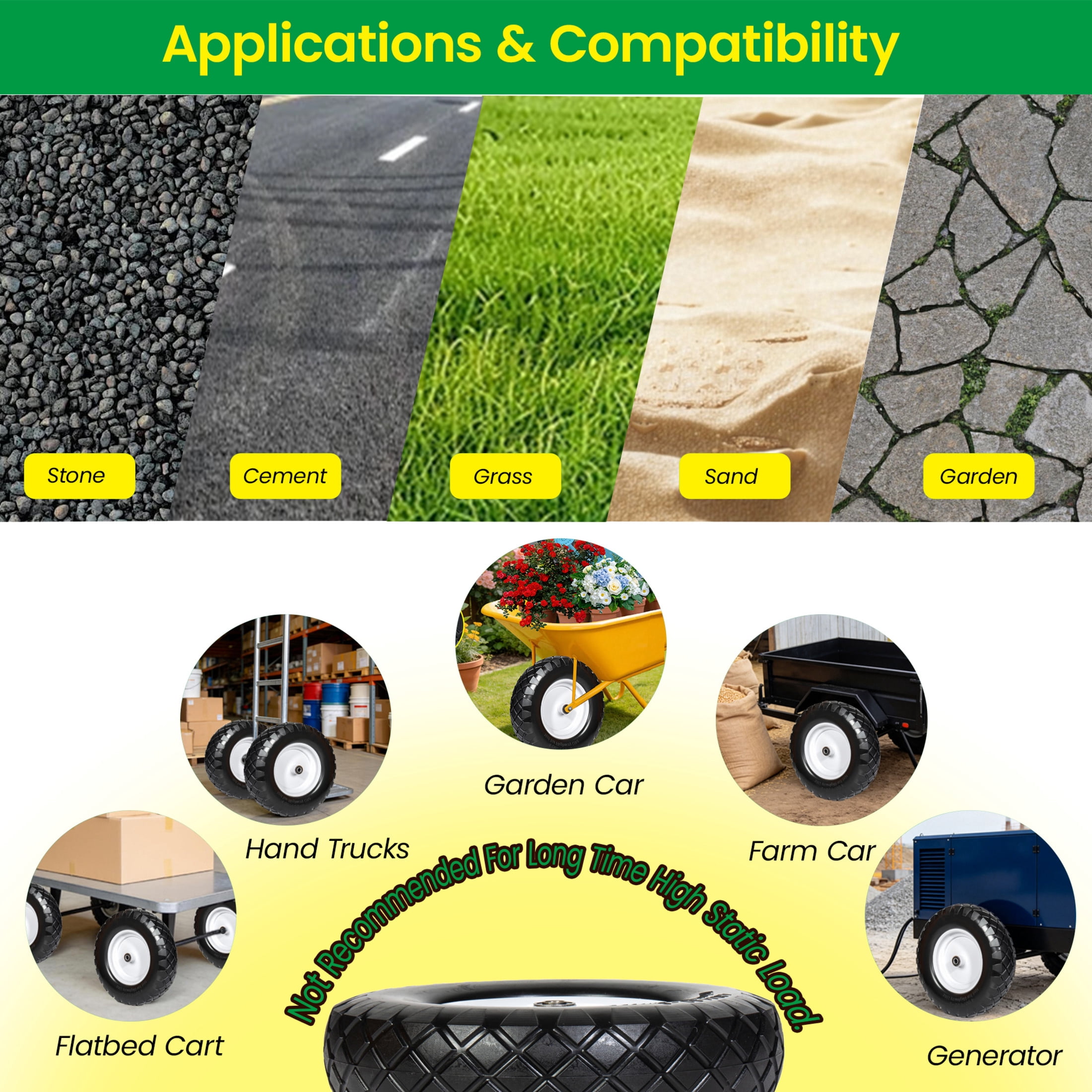 Noble House 16" x 3.5" Flat-Free Solid Wheelbarrow Tires & Wheels with 3" Center Hub for Garden Cart, Black & White