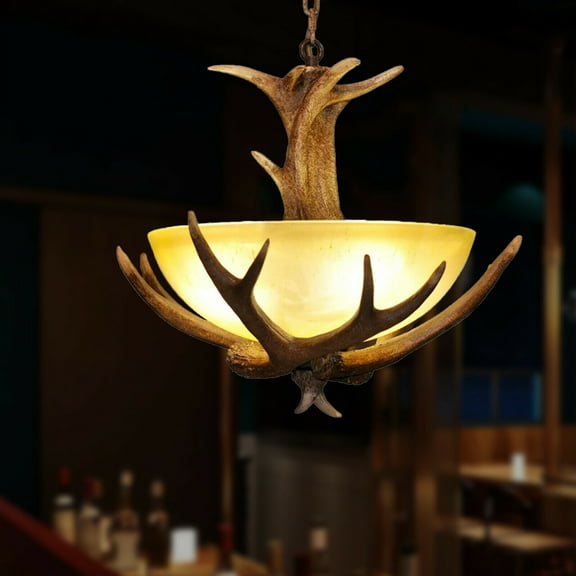 Antler Pendant Light Rustic Frosted Glass Bowl Shade Lamp 3 Hanging Lights Chandelier