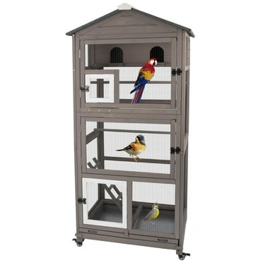 Gowoodhut 68.8"L Outdoor Bird Aviary Indoor Wooden Large Bird Cage Parakeet Cage on Wheels