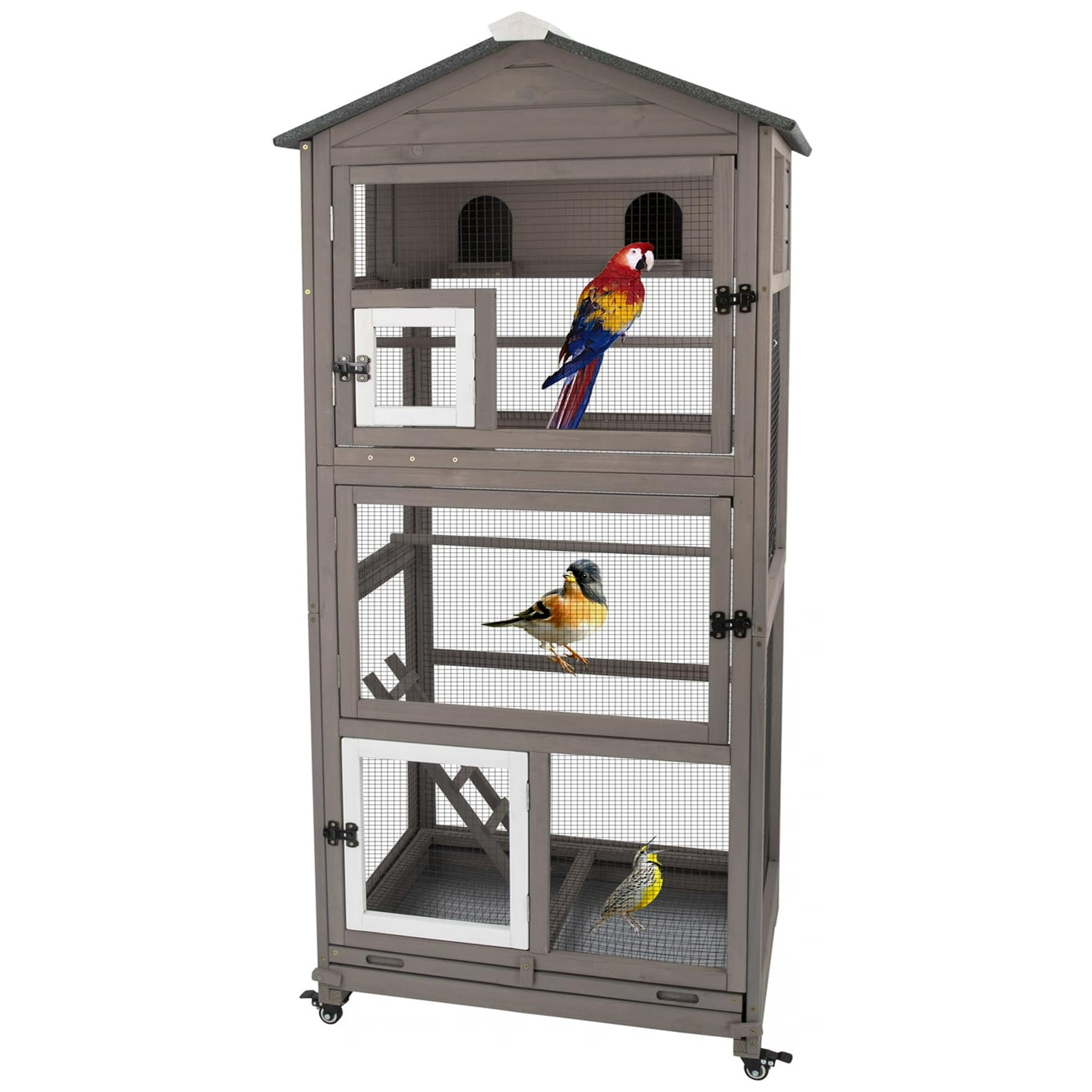 Gowoodhut 68.8"L Outdoor Bird Aviary Indoor Wooden Large Bird Cage Parakeet Cage on Wheels