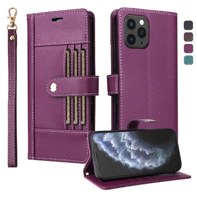 FOXDOCK Funda tipo Cartera para iPhone 13 Pro – Cubierta de Cuero PU con Múltiples Ranuras, Bolsillo para Efectivo y Correa de Muñeca