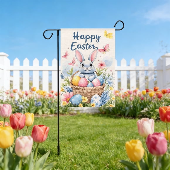 Todaioua Happy Easter Bunny Garden Flag 12x18Inch Double Sided Bunny with Eggs Flowers Small Seasonal Decoration Holiday Anniversary Yard Decor Spring Summer Farmhouse Outdoor Flag