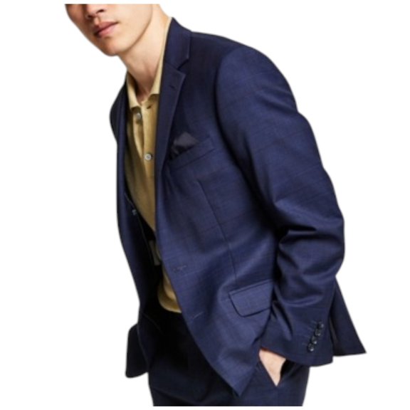 Bar Iii Mens Skinny fit Sport Coat Blazer 38 S Navy Blue Plaid Stretch