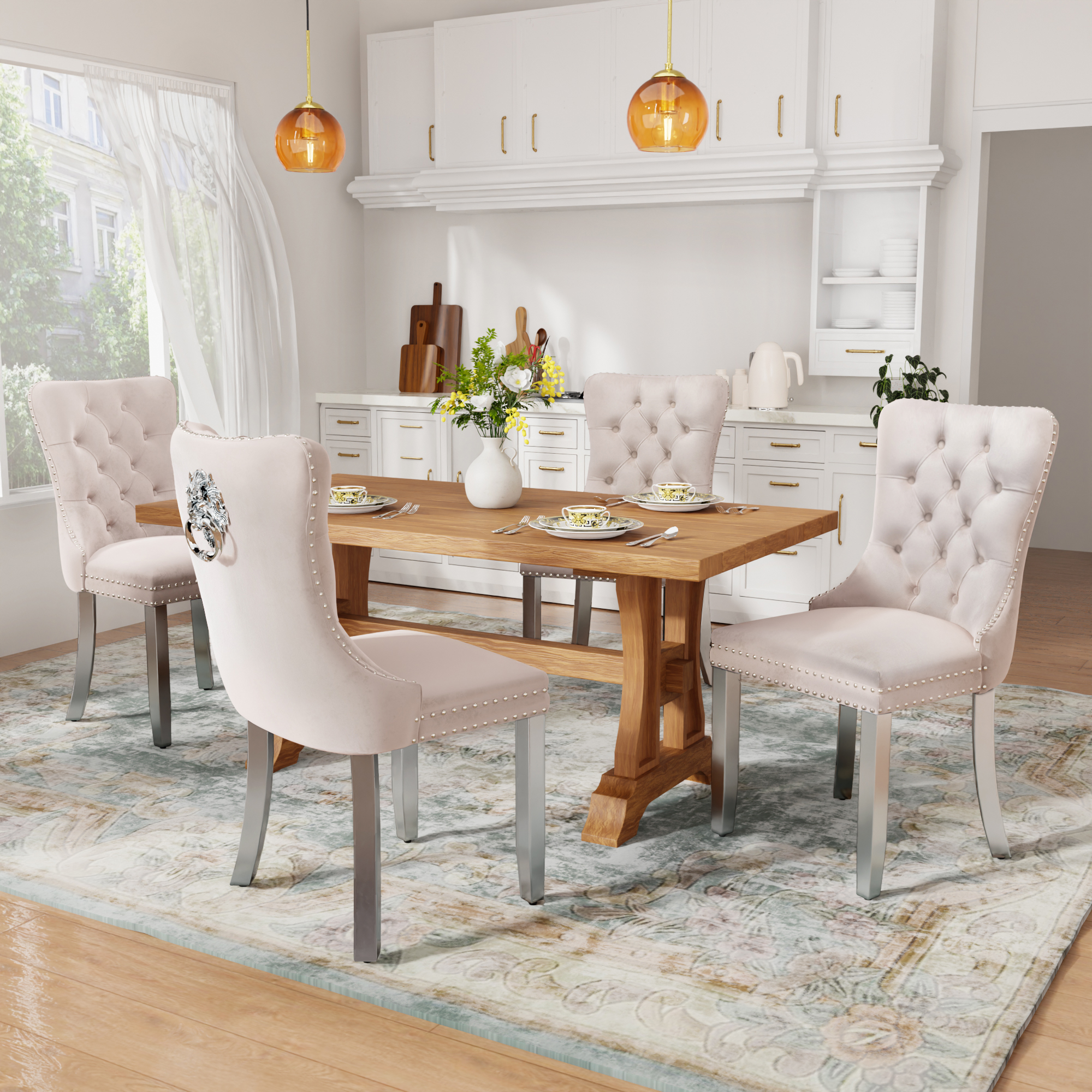 DONICK Velvet Upholstered Dining Chairs , Kitchen & Dining Room Chairs, Nailheads Tufted, Soft, Solid Wood Frame (Beige Silver, Set of 2)