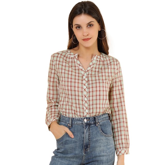 INSPIRE CHIC Camisa vintage abotonada para mujer Blusa a cuadros con cuello dividido Tops Marrón verde S