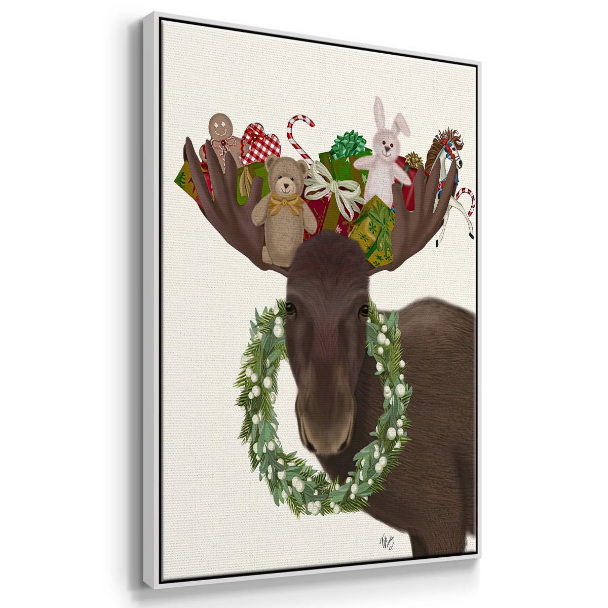 Christmas Moose and Christmas Gifts - Framed Gallery Wrapped Holiday Canvas - 25 x 37 - White Frame