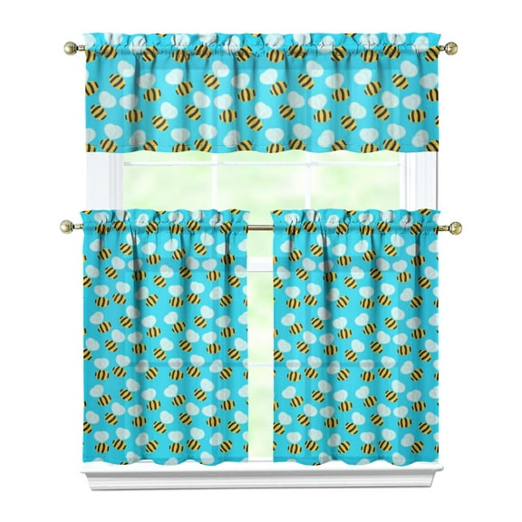 Kitchen Curtains 36 Inch Short - 3 Panel Set with Cute Bumble Bee and Honeycomb Print, Rod Pocket Window Curtain, 100% Polyester for Bee Lovers, Farmhouse, Kitchen, Living Room, Easy Wash