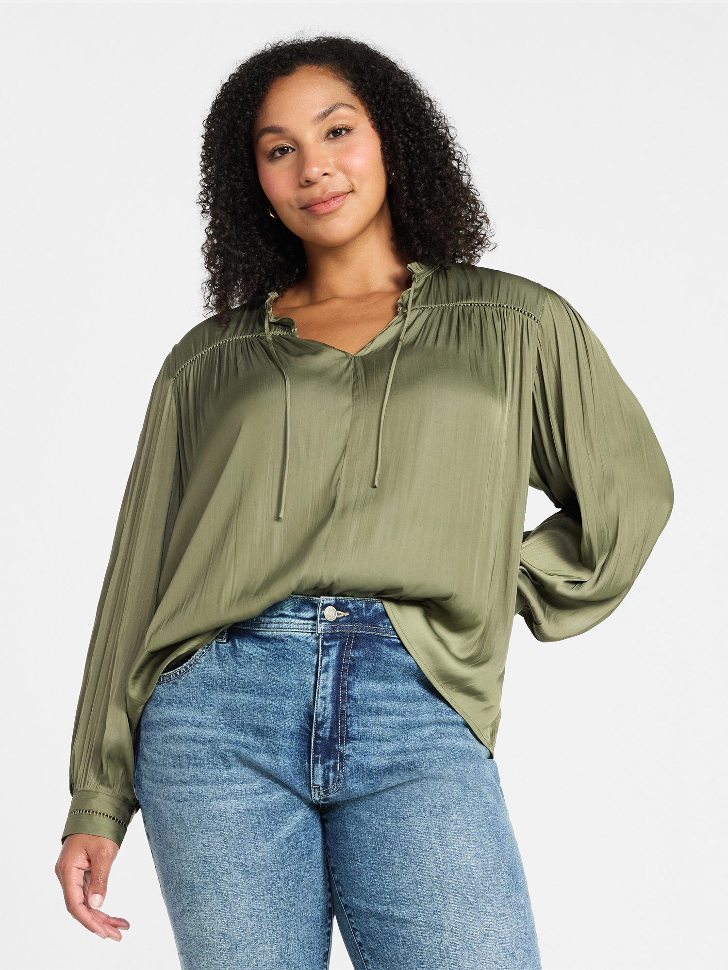 Time and Tru Women's Soft Ruched Yoke Blouse with Long Sleeves, Sizes XS-XXXL