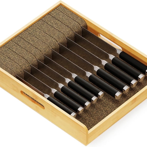 Large Knife Drawer Organizer Bamboo Insert Dock, Kitchen Steak Knives Holder Organizers Block for Drawer in Storage Organization (Large)
