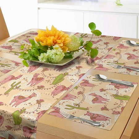 

Alpaca Table Runner & Placemats Chile Llamas in Ornamental Traditional Tribal Style Along Cactus Plants Set for Dining Table Placemat 4 pcs + Runner 14 x90 Peach and Multicolor by Ambesonne