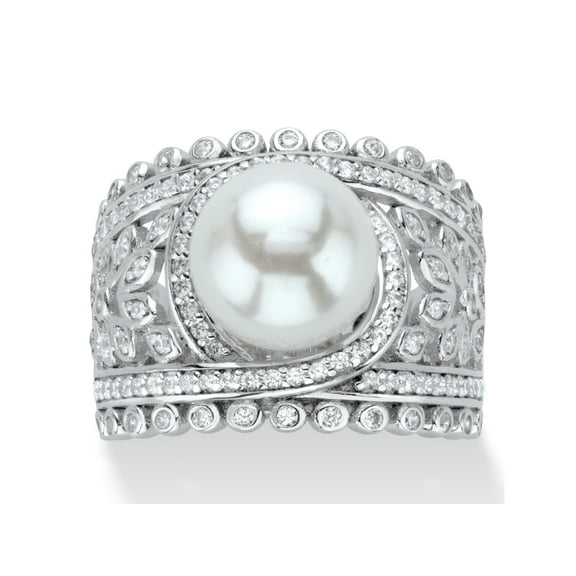 PalmBeach Jewelry Simulated Pearl and Cubic Zirconia Floral Cocktail Ring .65 TCW in Yellow Gold-Plated or Platinum-Plated Sterling Silver