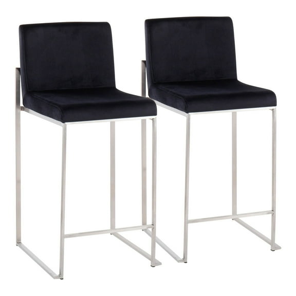 Fuji Contemporary High Back Counter Stool In Stainless Steel And Black Velvet - Set Of 2