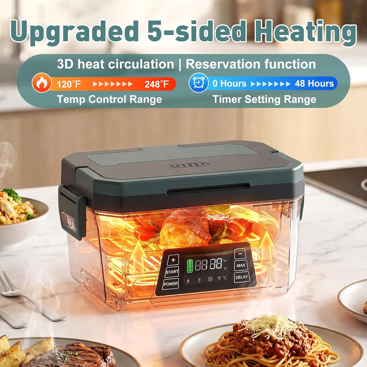 Cordless Electric Lunch Box for Adults, APP Control Heated Lunch Box for Men, 18000mAh Battery Powered Portable Food Warmer/ Timer, Auto Heating 5-side Rechargeable 248°F for Women/Work/Outdoor/Gift