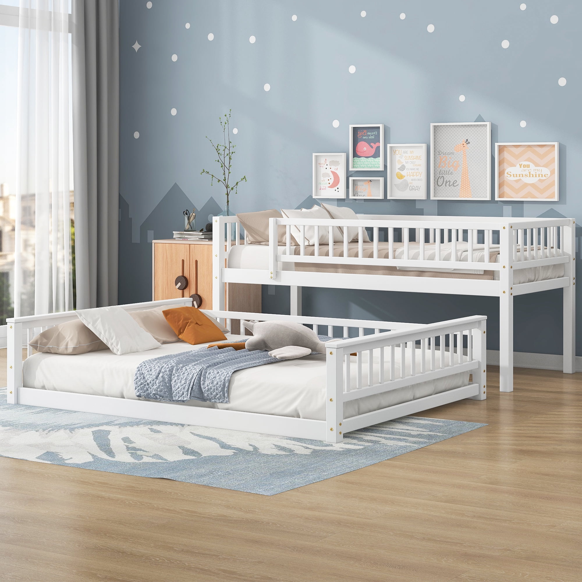 Twin XL Over Queen Bunk Bed for Kids Bedroom,Solid Wood Convertible Bedframe w/Ladder & Safety Guardrails,Detachable Bunk Bed for Teens, No Box Spring Needed