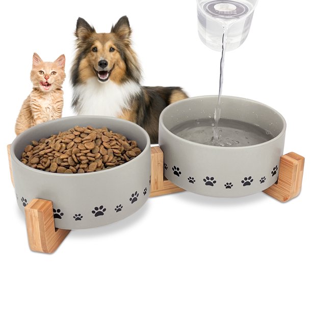Ptlom Ceramic Pet Bowl, Cat Dog Food and Water Bowl Set With Stand,Gray