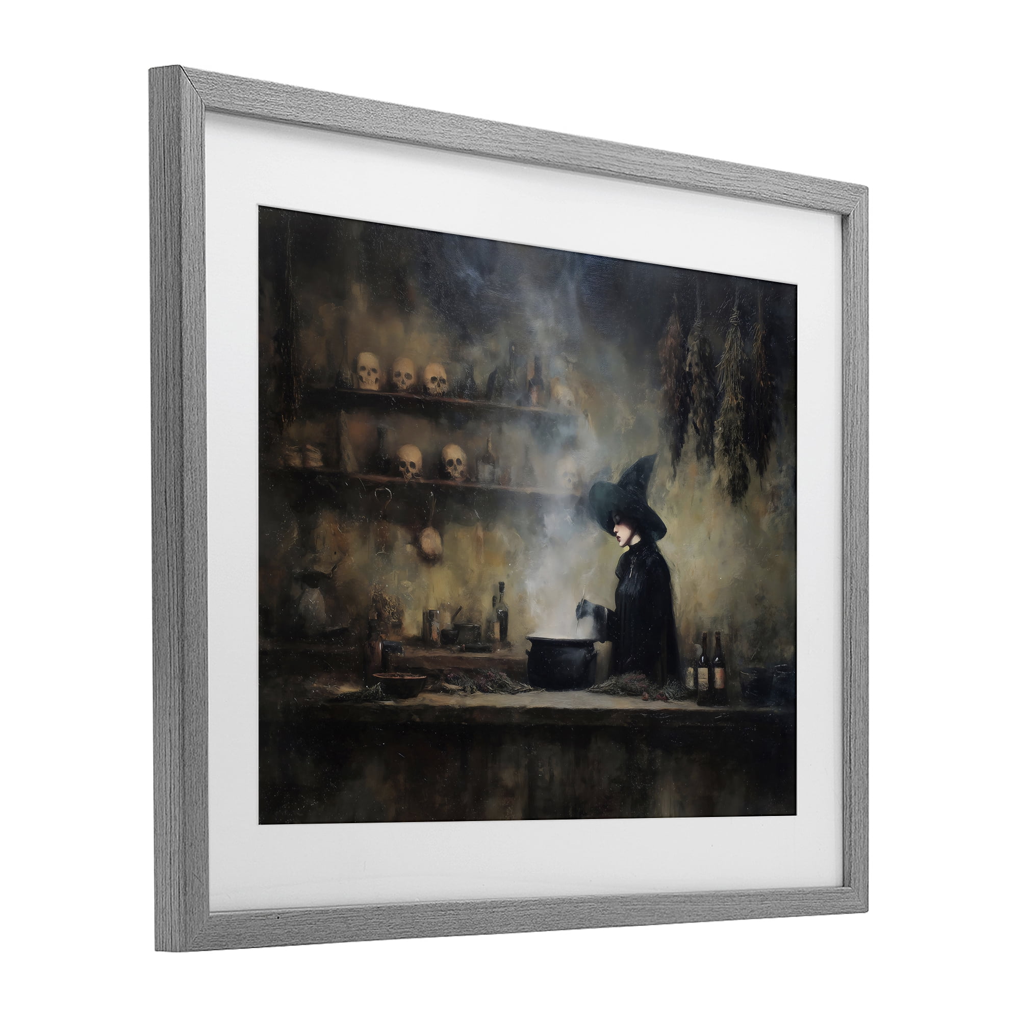 Witch's Cauldron Brew Gray Framed Print Under Glass, design by Arlington Prints
