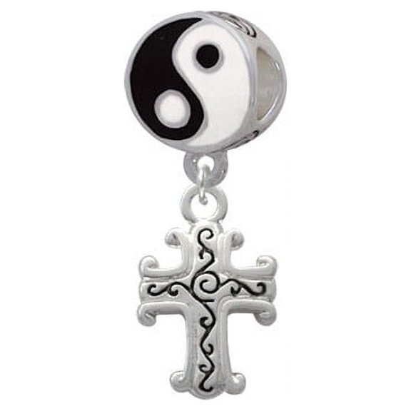 Scroll Cross with Antiqued Decoration - Yin Yang Charm Bead