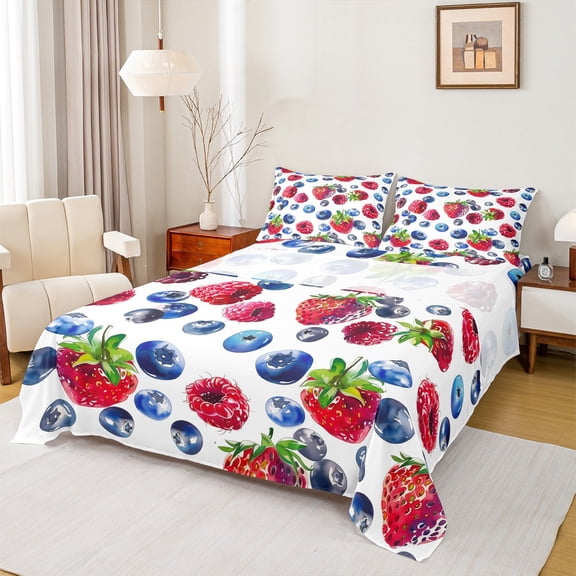 Manfei Blueberry Strawberry Pattern Bed Sheets,Sweet Fruit Theme King Sheets,Red White Blue Sheet Set For Girls Boys,Super Cozy Room Decor,4-Piece