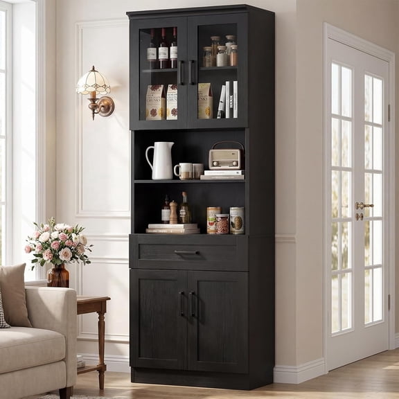 79.7'' Tall Pantry Storage Cabinet, iSunirm 23.6'' Width Storage Cabinet with Glass Doors, Drawer and Adjustable Shelves, Black