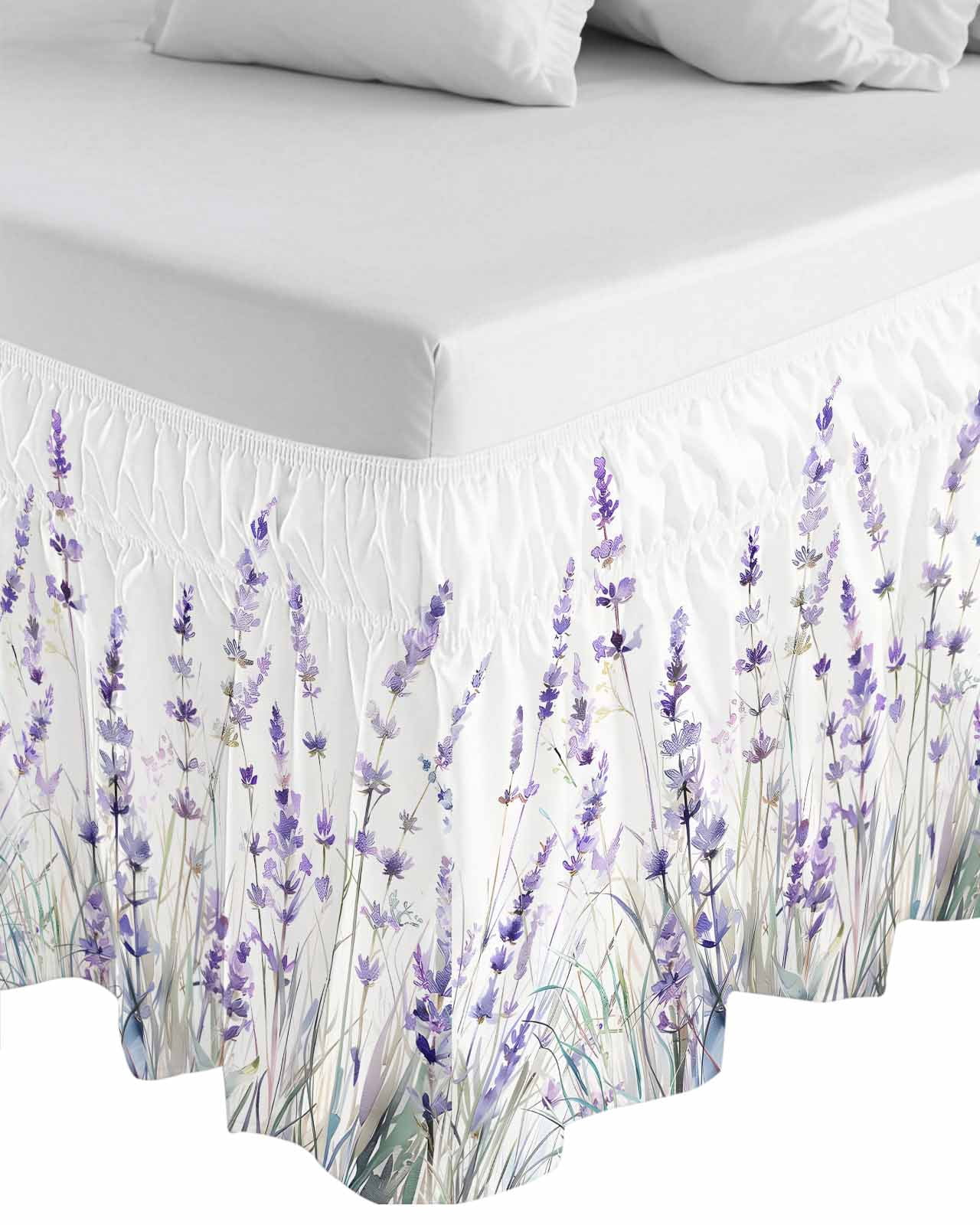 Spring Flower Ruffle Bed Skirt Queen Size Vintage Purple Lavender Plant Adjustable Elastic Dust Bed Skirts Wrap Around Bedskirt Wrinkle Free Easy Fit with 16 Inch Drop