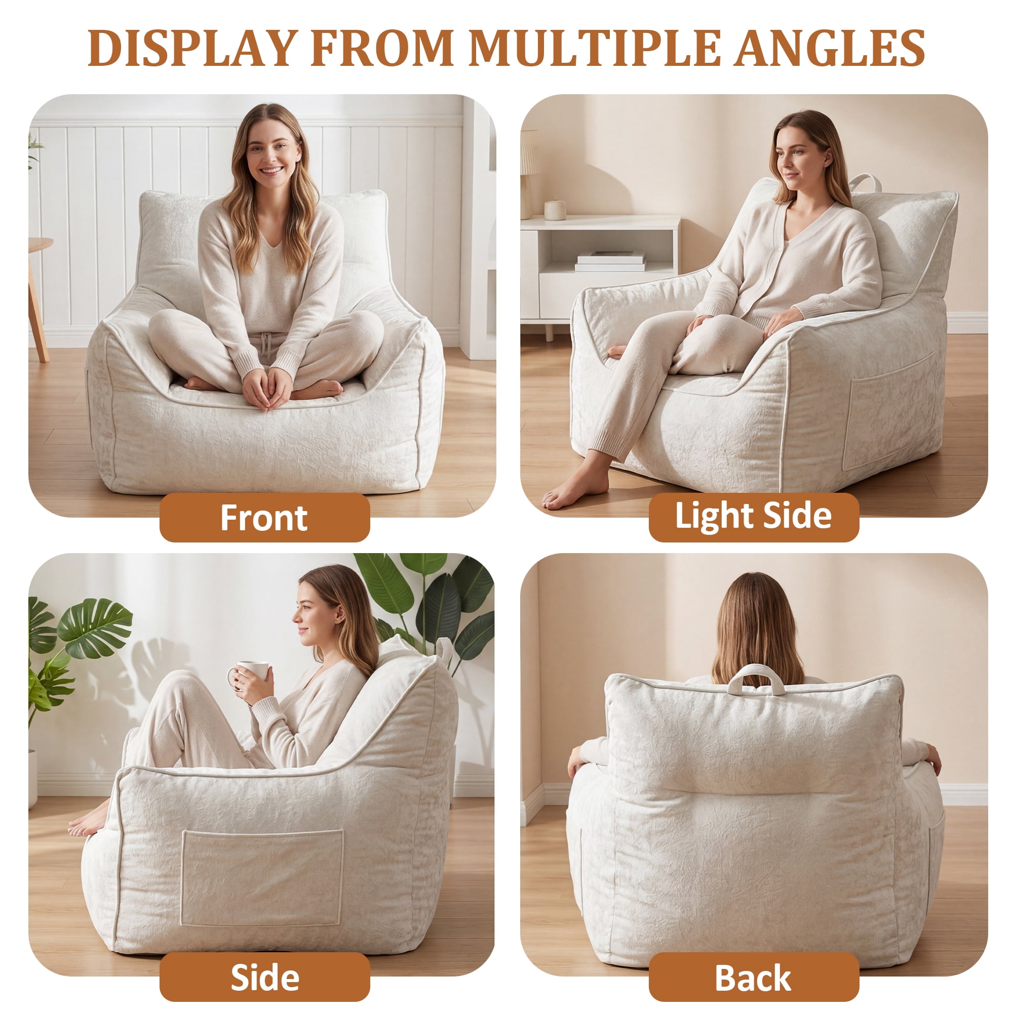 Bean Bag Chair for Adults – Cozy Chenille Bean Bag Sofa with Armrests, Shredded Foam Filling, Soft Lazy Lounger for Living Room or Bedroom