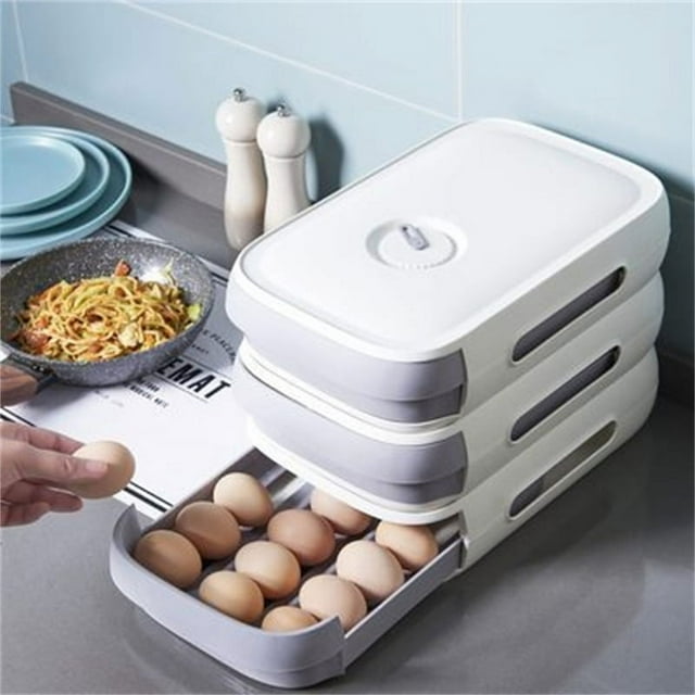 Drawer Egg Carton Large Capacity Egg Holder Multi Layer Chicken Egg Storage Container with Lid for Refrigerator White