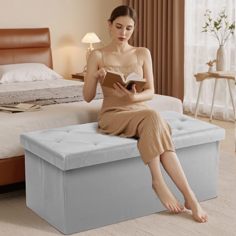 Telyra 43" Foldable Storage Ottoman Bench Faux Leather Footrest Stool with Foam Padded Seat, Gray