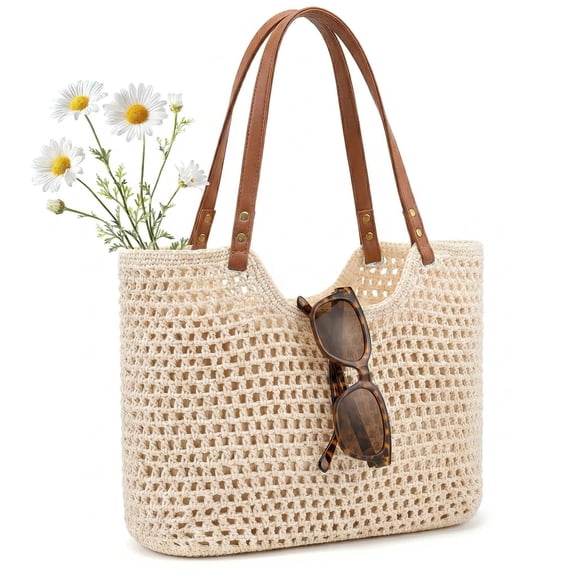 AOUNQ Boho Crochet Straw Beach Tote Bag for Women, Lightweight Foldable Woven Purse with Zipper for Summer Travel