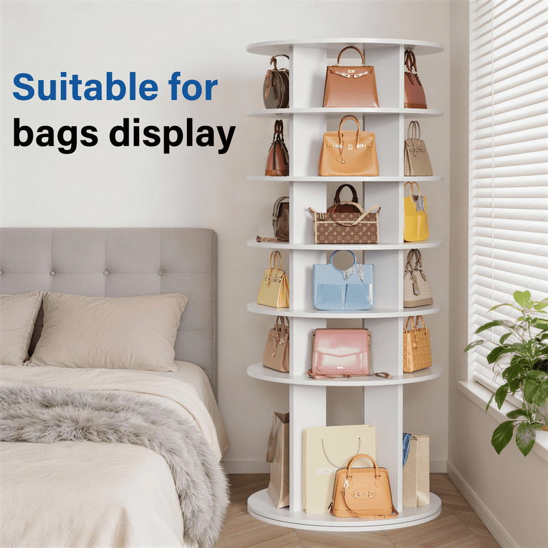 Vineego 6-Tier 360° Rotating Shoe Rack, Round Spinning Storage Organizer for Shoes, Boots & Accessories, Freestanding Tall Display Shelf for Entryway, Closet & Bedroom, White Finish