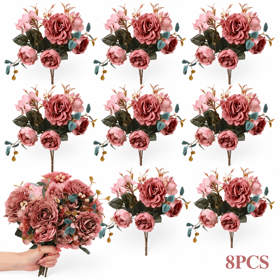 8 Packs Artificial Peony Flowers Faux Silk Hydrangea Bouquet Vintage Wedding Home Table for Door Decor Reusable Bouquet of Rose Flowers for Valentine Wedding Birthday Party(Dark Pink)