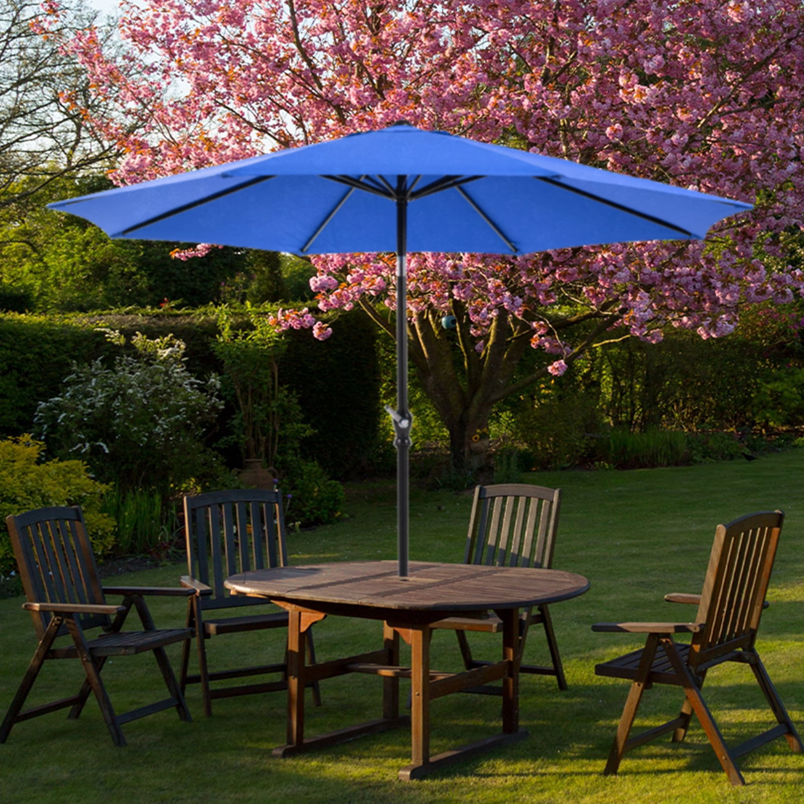 JONPONY 9FT Outdoor Patio Umbrella with Push Button Tilt and Crank, UV Protection & Waterproof, Market Table Umbrella with 8 Sturdy Ribs for Garden, Deck, Backyard, Pool, Blue