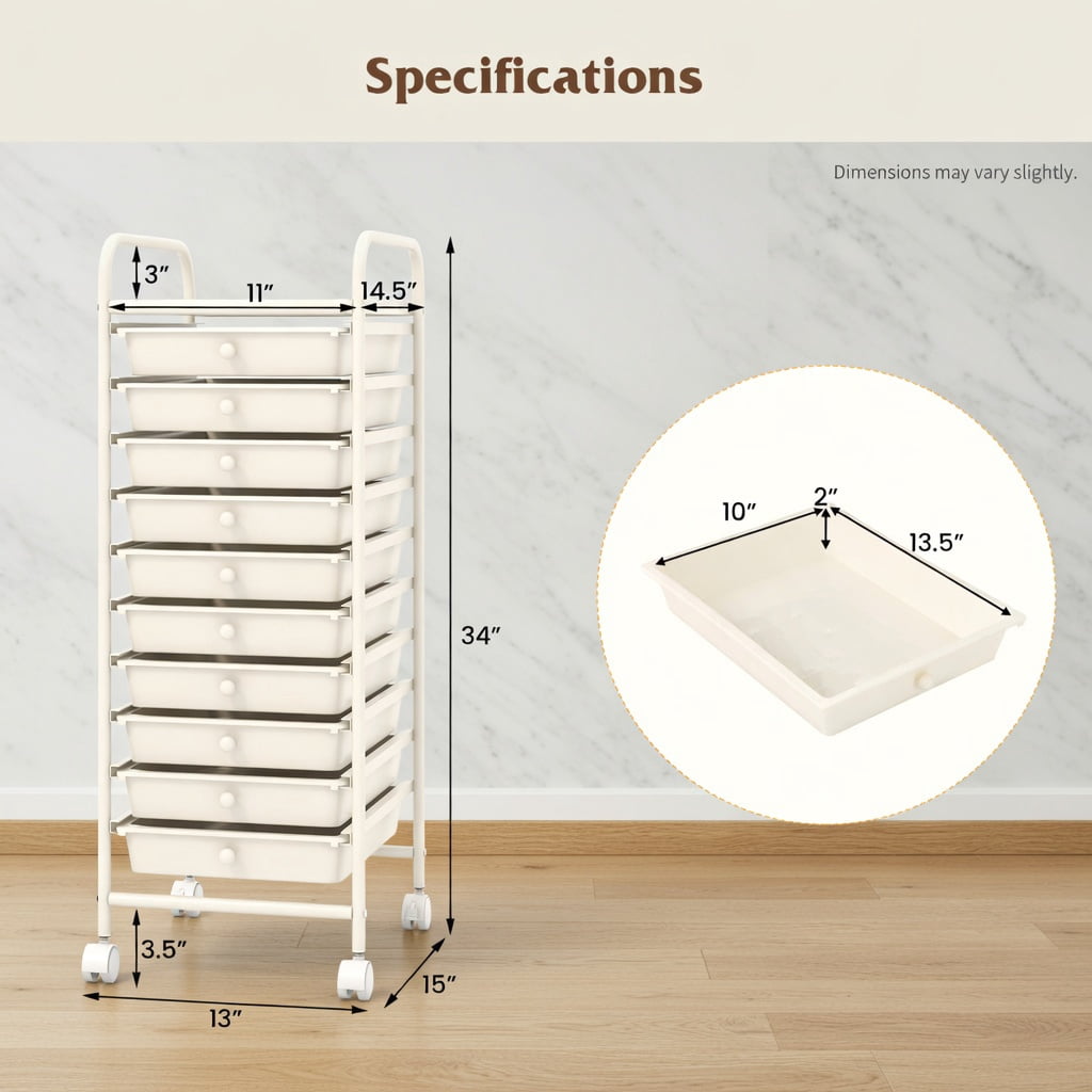 Barara King Storage Cart, Organization Storage Cart,10 Drawer Rolling Storage Cart Organizer with 4 Universal Casters-White