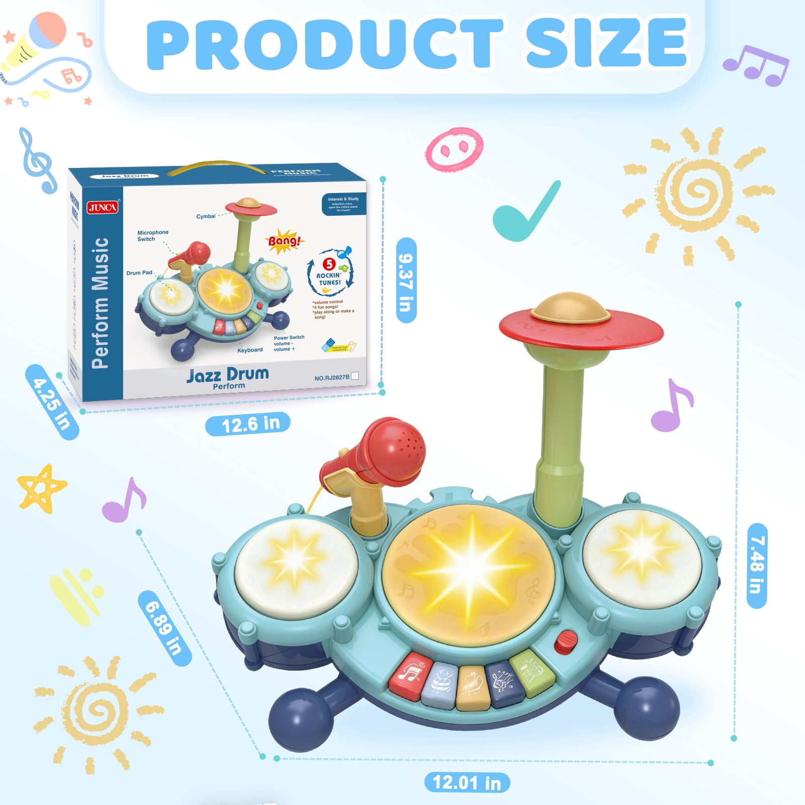 Leimiao Kids Drum Set for Toddlers, Montessori Musical Toys with Microphone, Learning Developmental 1-4 Years Baby Gift (Blue)