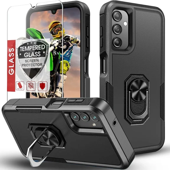 Starshop For Samsung Galaxy A17 5G Case Phone Cover Rotatable Ring Stand Case With Glass Screen - Black