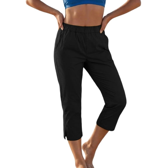 Carpis for Women Elastic Waist Split Hem Relaxed Fits Cropped Pants Straight Leg Casual Versatile Trousers with Side Pockets