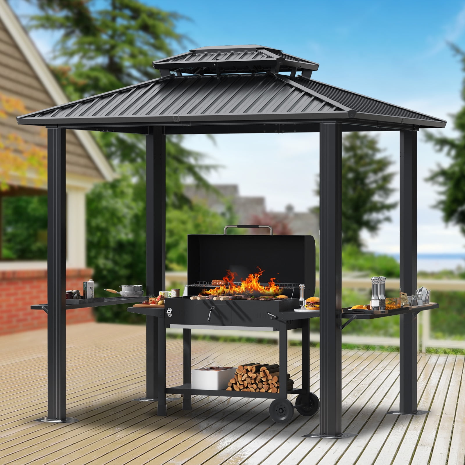 COBIZI 6'x8' Hardtop Grill Gazebo with Vented Double Roof, Galvanized Steel Sun & Rain Shelter, Rust-Resistant Aluminum BBQ Gazebo for Outdoor Cooking, Patio, Backyard (Black)