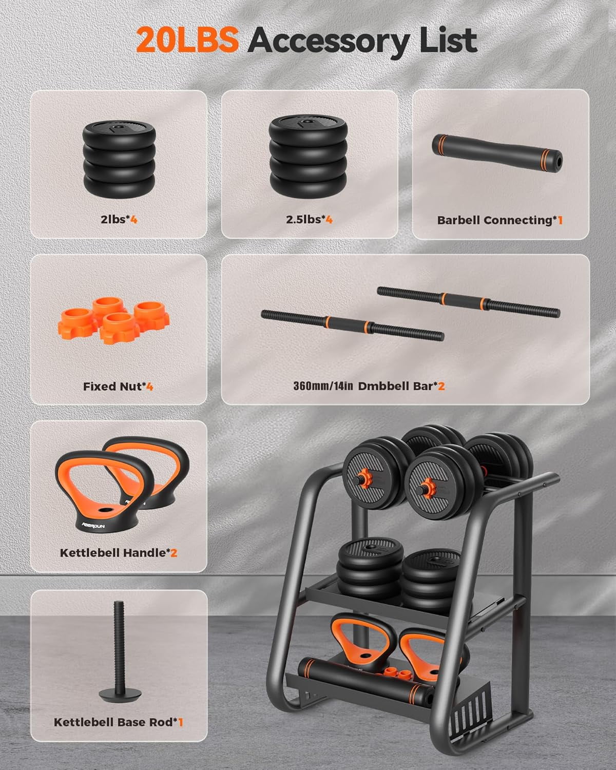 Adjustable Dumbbells Set with Connector, 5-in-1 Weight System for Home Gym, Barbell Kettlebell Push- Stand, 20/30/40/45/70/90lbs  Weights for Men Women