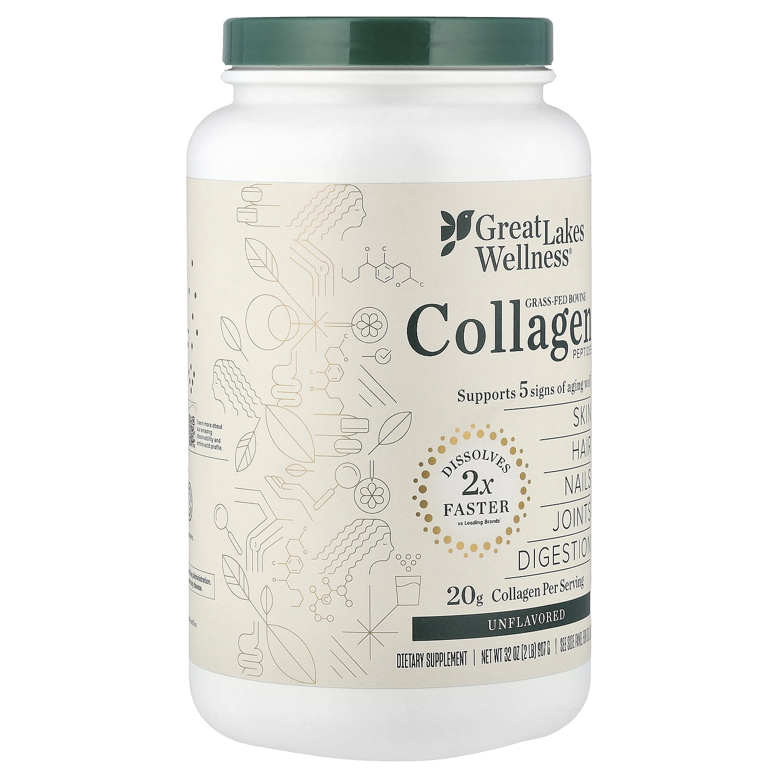 Great Lakes Wellness Grass-Fed Bovine Collagen Peptides, Unflavored, 32 oz (907 g)