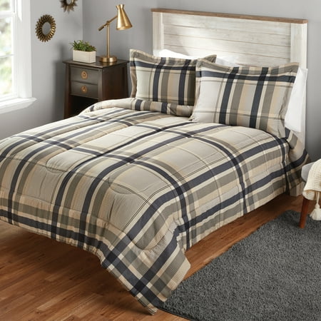 Mainstays Black and Tan Plaid Printed Comforter Mini Set ...