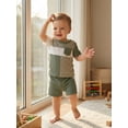 thumbnail image 3 of Loicainy Toddler Baby Boy Summer Clothes Set Contrast Color Outfits 6 9 12 18 24 Months 2T 3T 4T Crew Neck Short Sleeve Tops and Shorts, 3 of 8